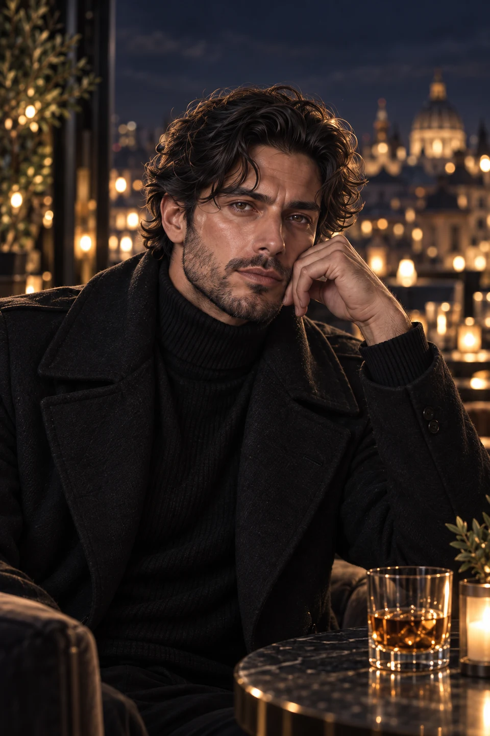 Portrait of Adrian, a fully clothed fictional adult Mediterranean man with black wavy hair, stubble and a black knit coat
