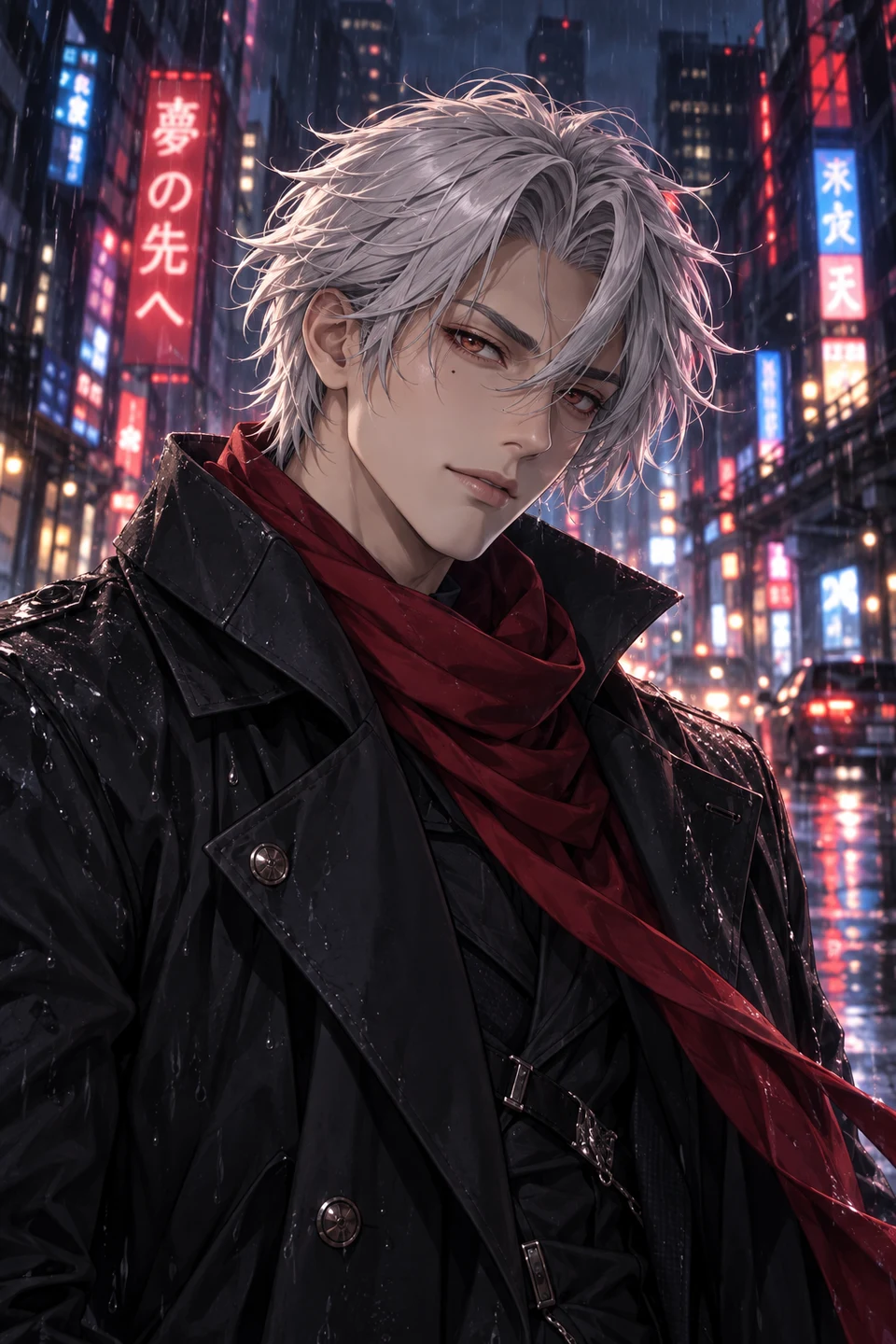 Mature anime portrait of Akira, a fully clothed fictional adult man with silver hair, a crimson scarf and a black tailored coat