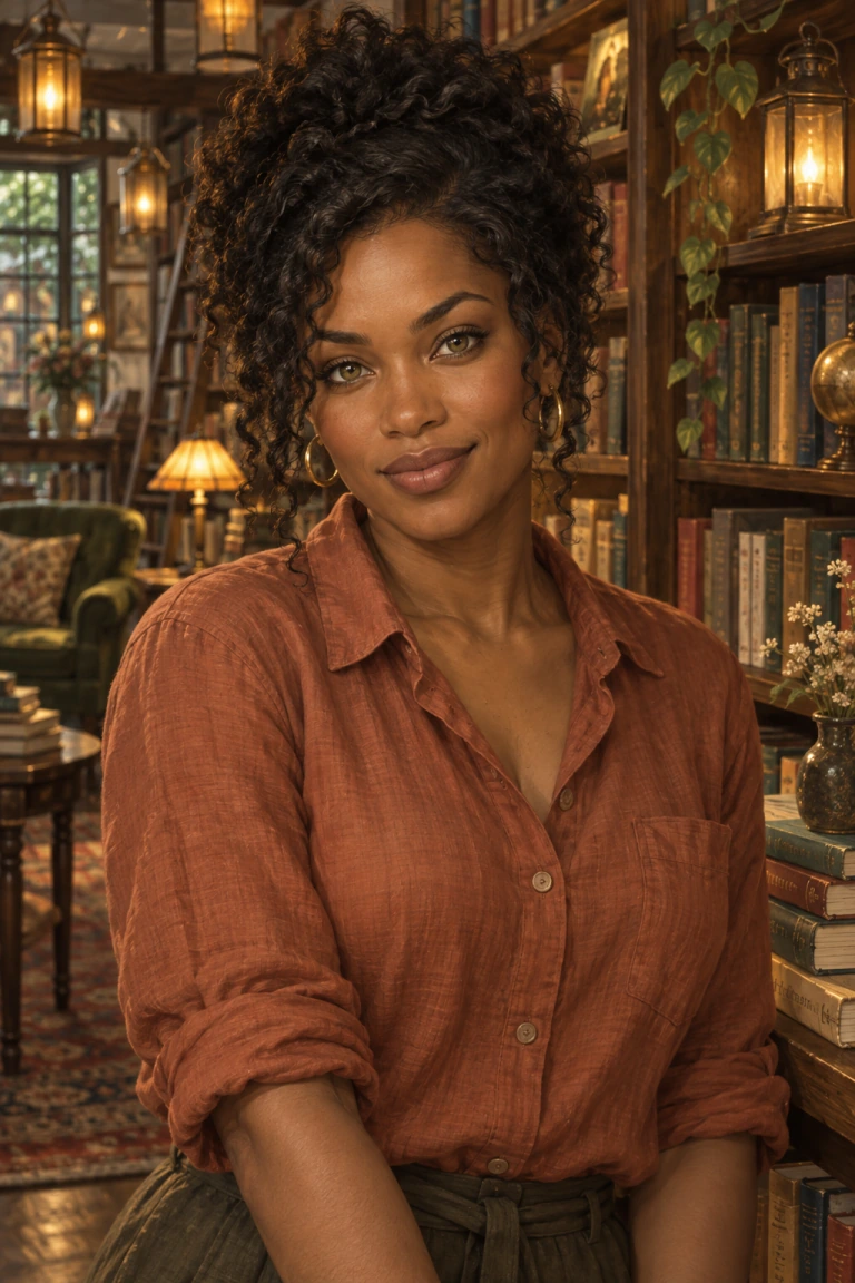 Portrait of Amara, a fully clothed fictional adult Black bookshop owner with natural curls and hazel eyes
