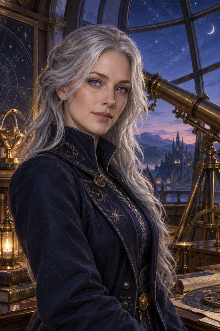 Portrait of Elara, a fully clothed fictional adult astronomer with long silver hair and violet eyes