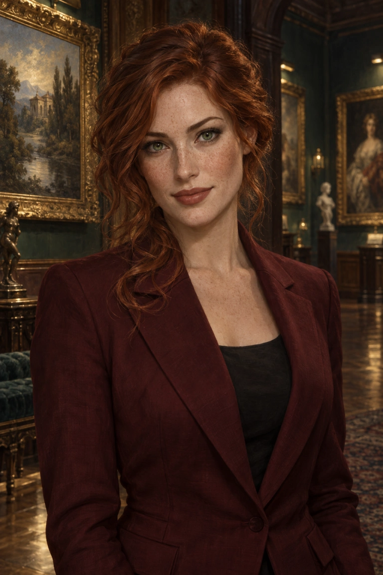 Portrait of Iris, a fully clothed fictional adult art detective with freckles and auburn wavy hair
