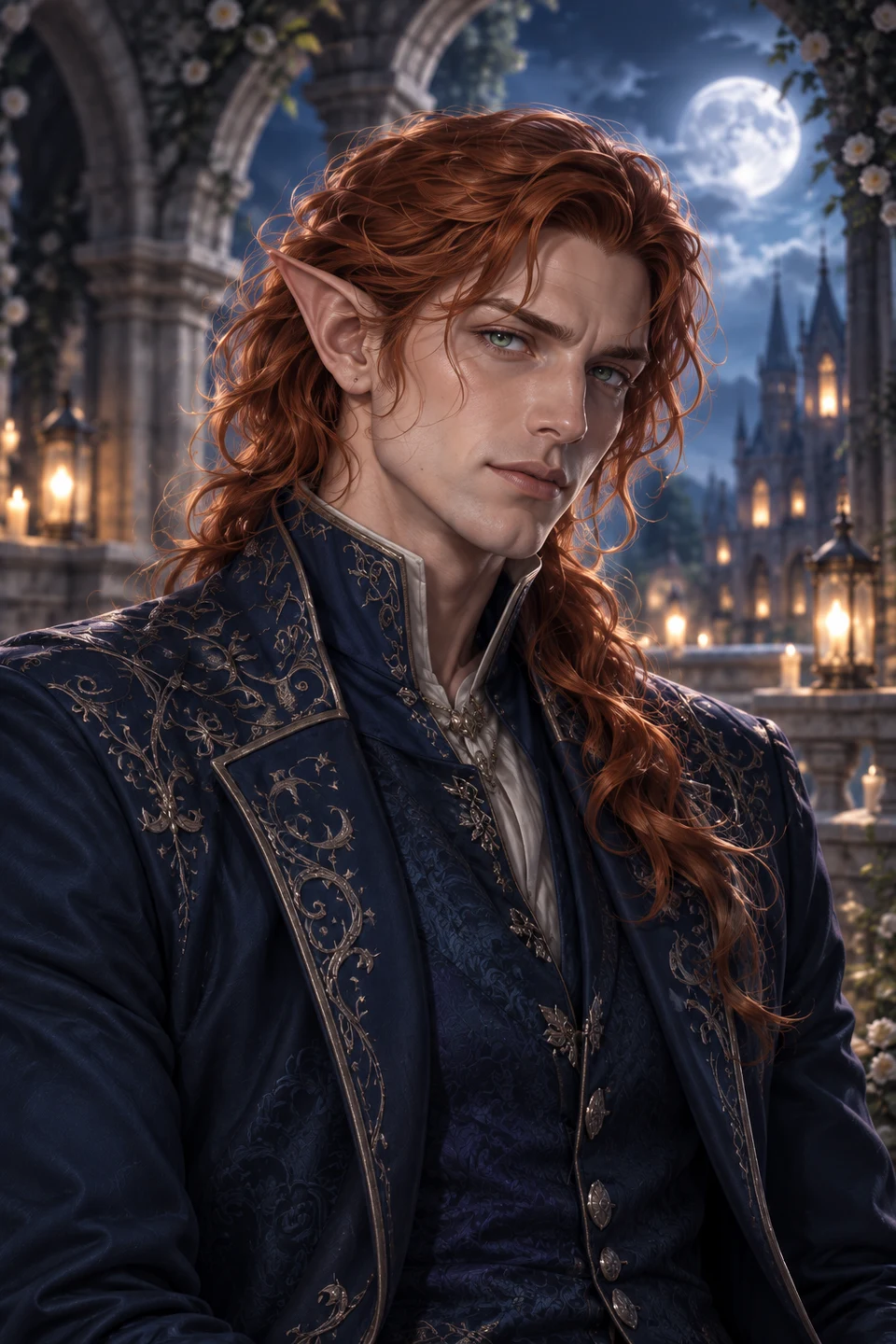Portrait of Kael, a fully clothed fictional adult elf with copper hair, pointed ears and a navy coat with silver embroidery