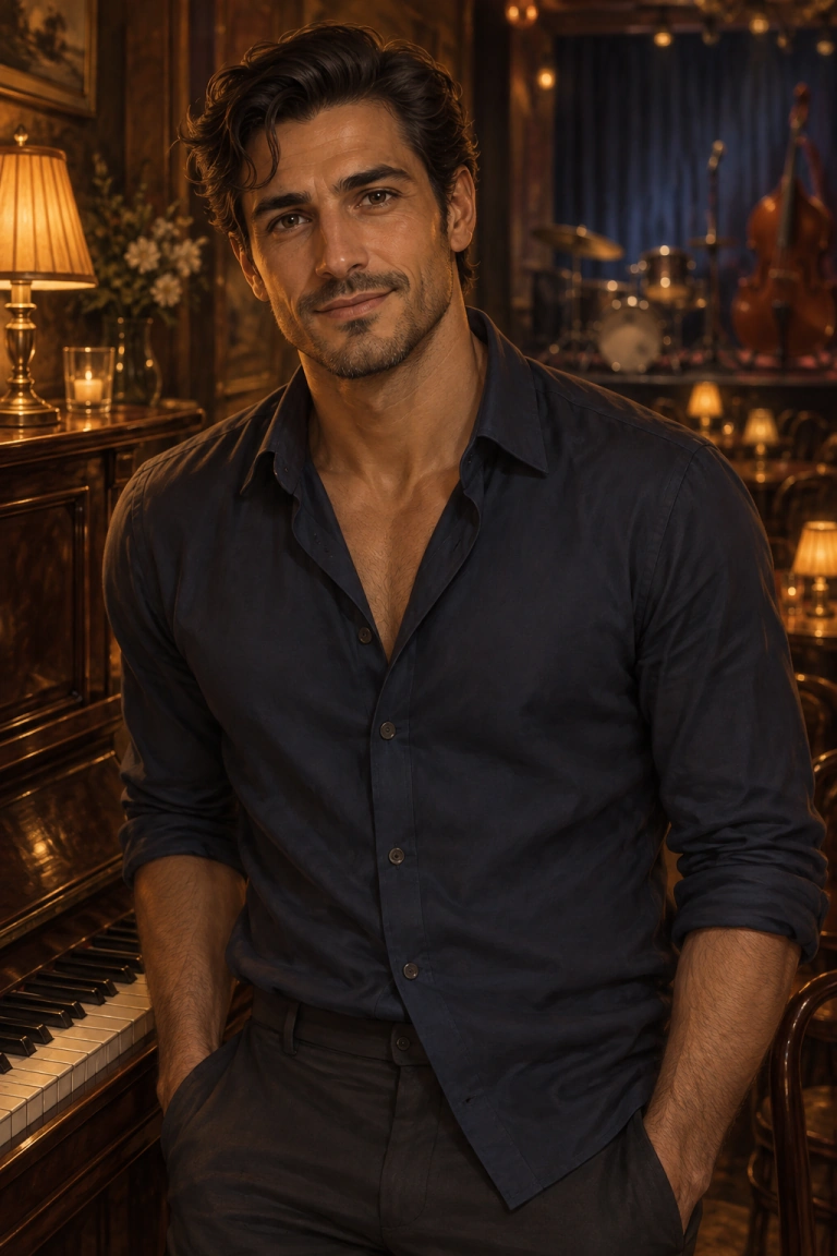 Portrait of Luca, a fully clothed fictional adult Mediterranean jazz pianist with swept dark hair and light stubble