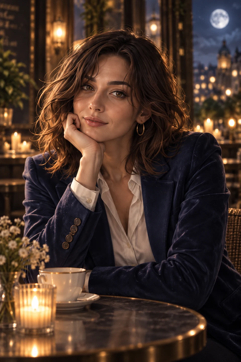Portrait of Maya, a fully clothed fictional adult city photographer with olive skin, brown shoulder-length waves and honey eyes