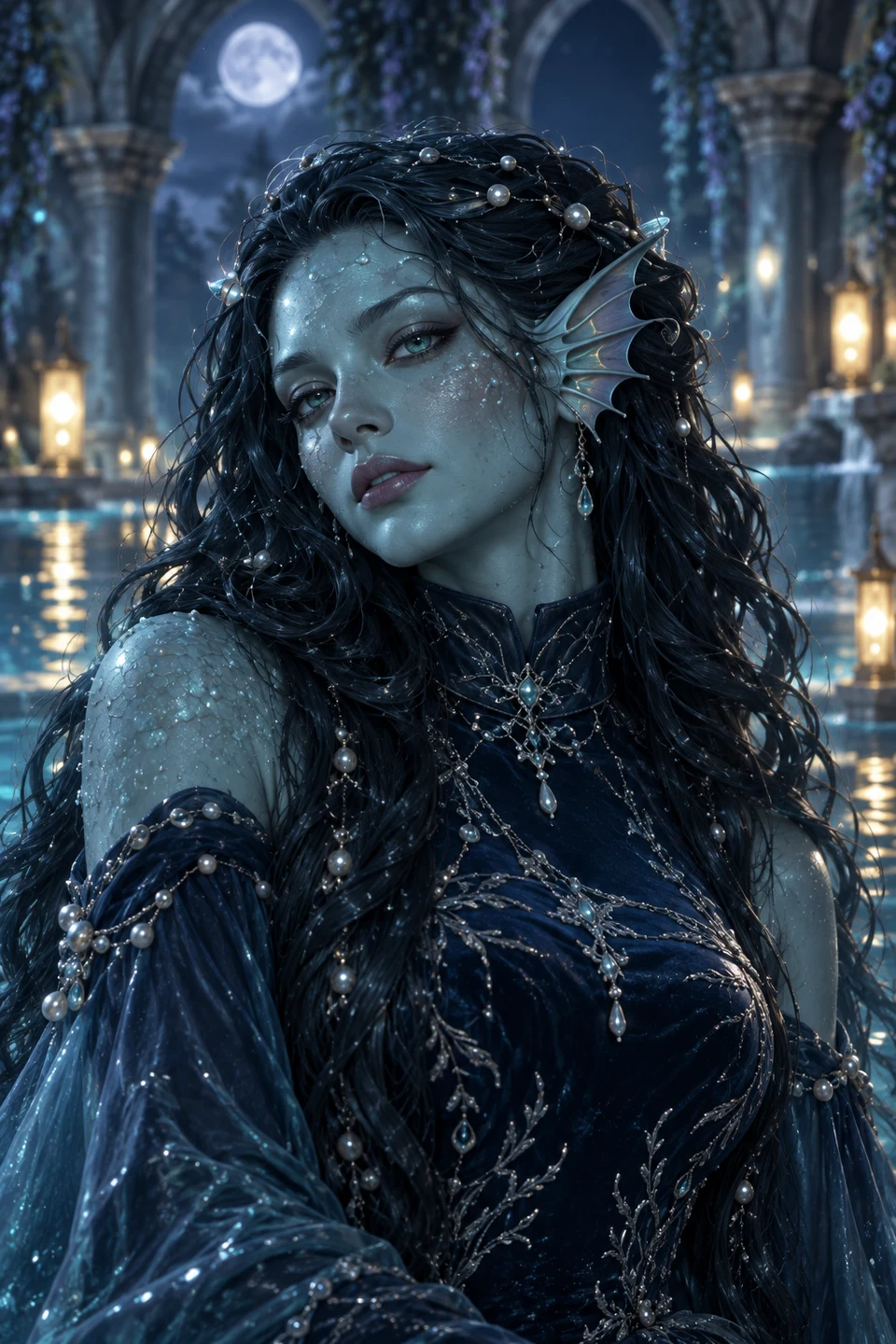 Portrait of Nerissa, a fully clothed fictional adult water nymph with blue-green skin, pearl cheek scales, finlike ears and a high-neck petrol gown