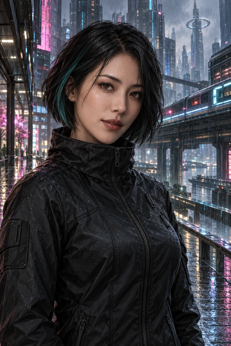 Portrait of Nova, a fully clothed fictional adult East Asian signal engineer with a black bob and teal streak