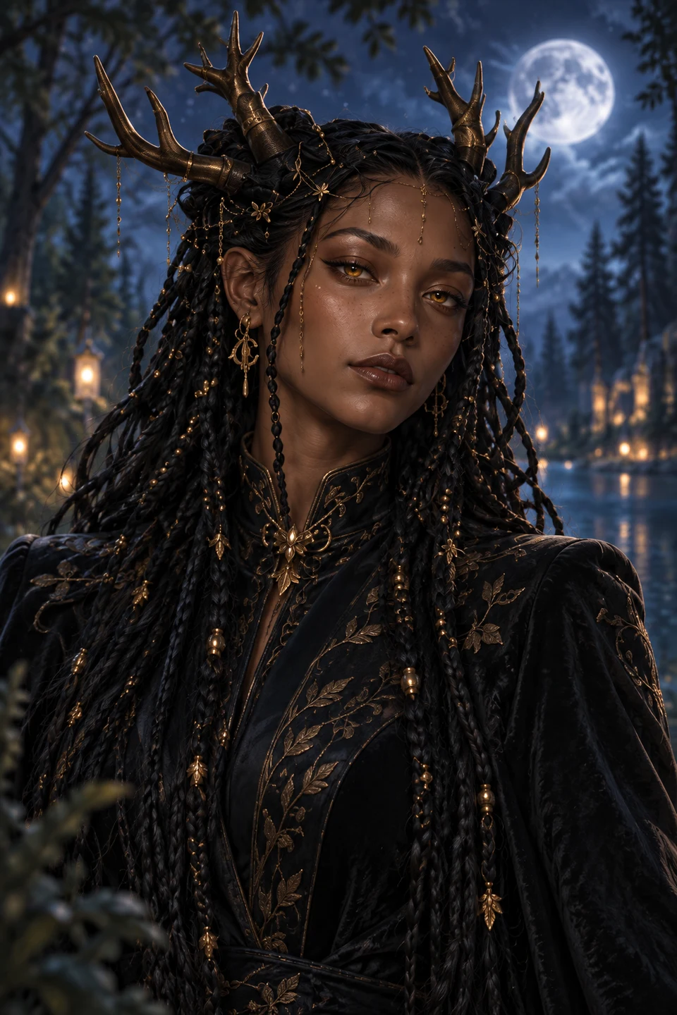 Portrait of Nyx, a fully clothed fictional adult Black fae woman with long braids, branching antlers and amber eyes in a black embroidered coat