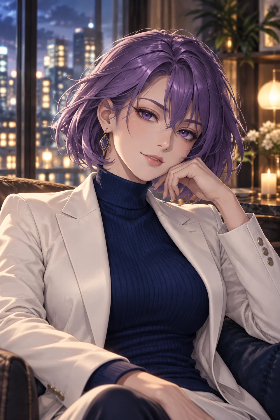 Mature anime portrait of Reina, a fully clothed fictional adult woman with a violet bob, an ivory blazer and a blue turtleneck