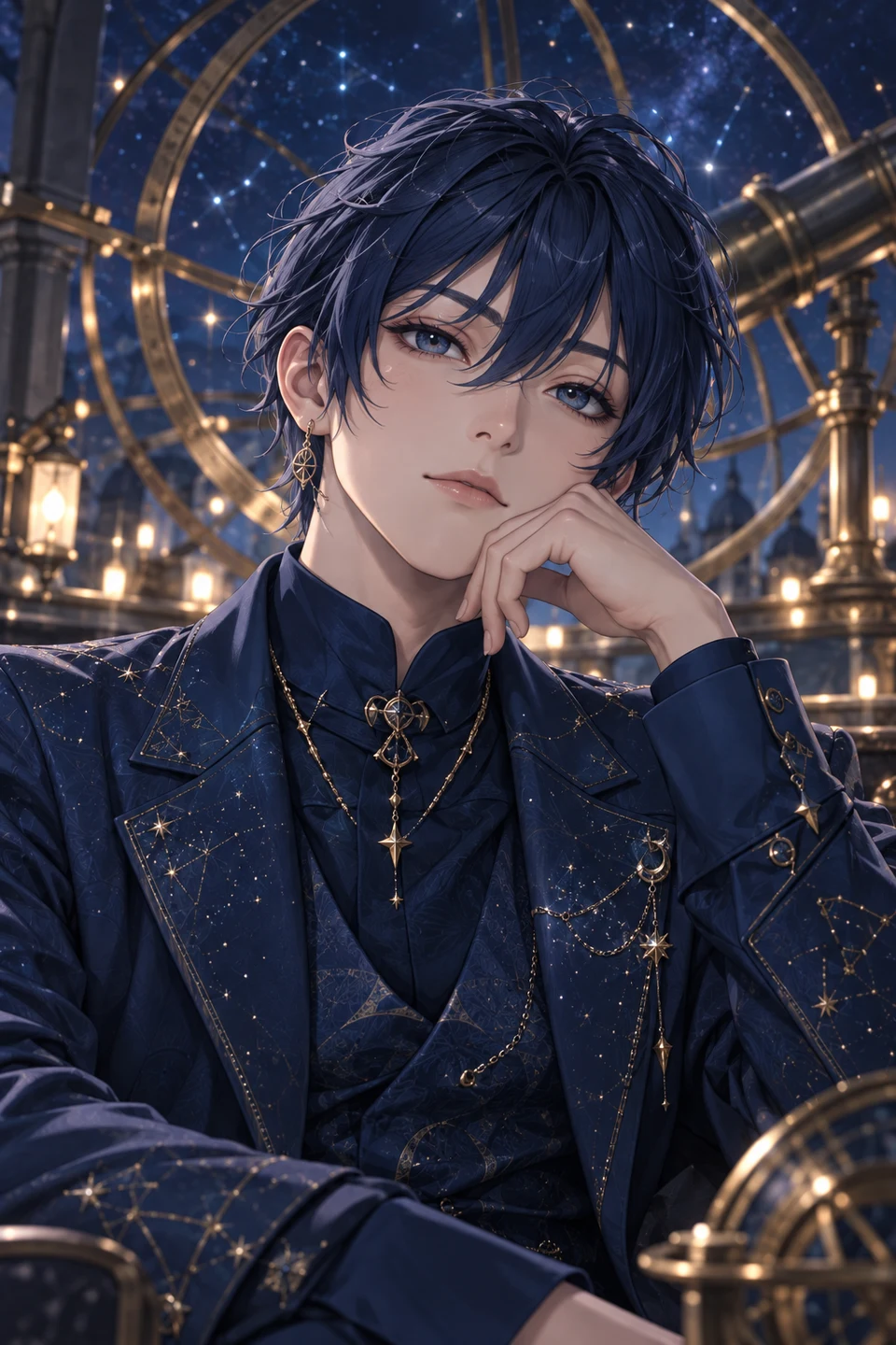 Mature anime portrait of Sora, a fully clothed fictional non-binary adult with an ink-blue cropped haircut and a celestial-blue suit