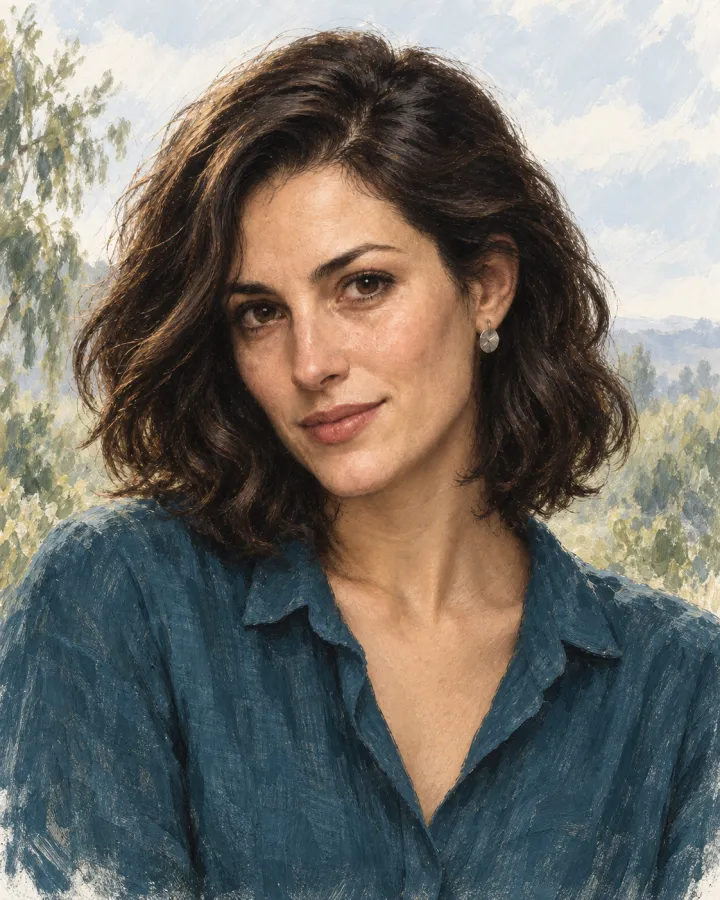 Painted portrait of Inès, a fictional adult character with a dark wavy bob
