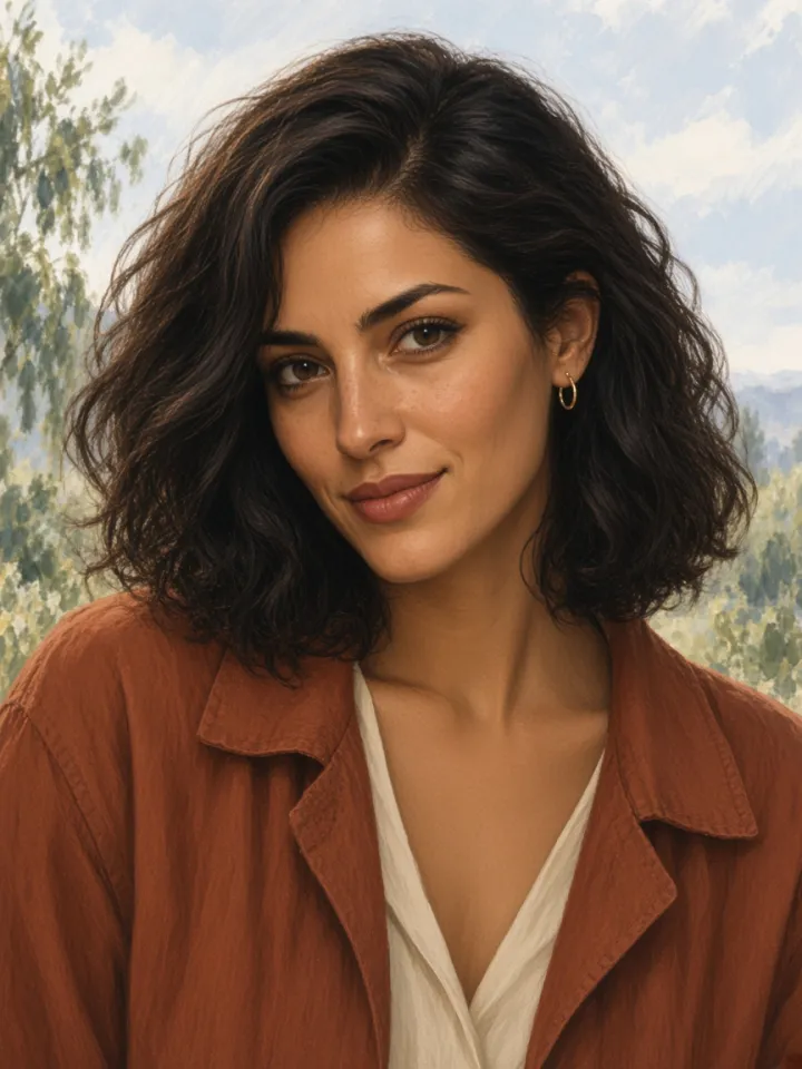Painted portrait of Sasha, a fictional adult character with dark wavy hair