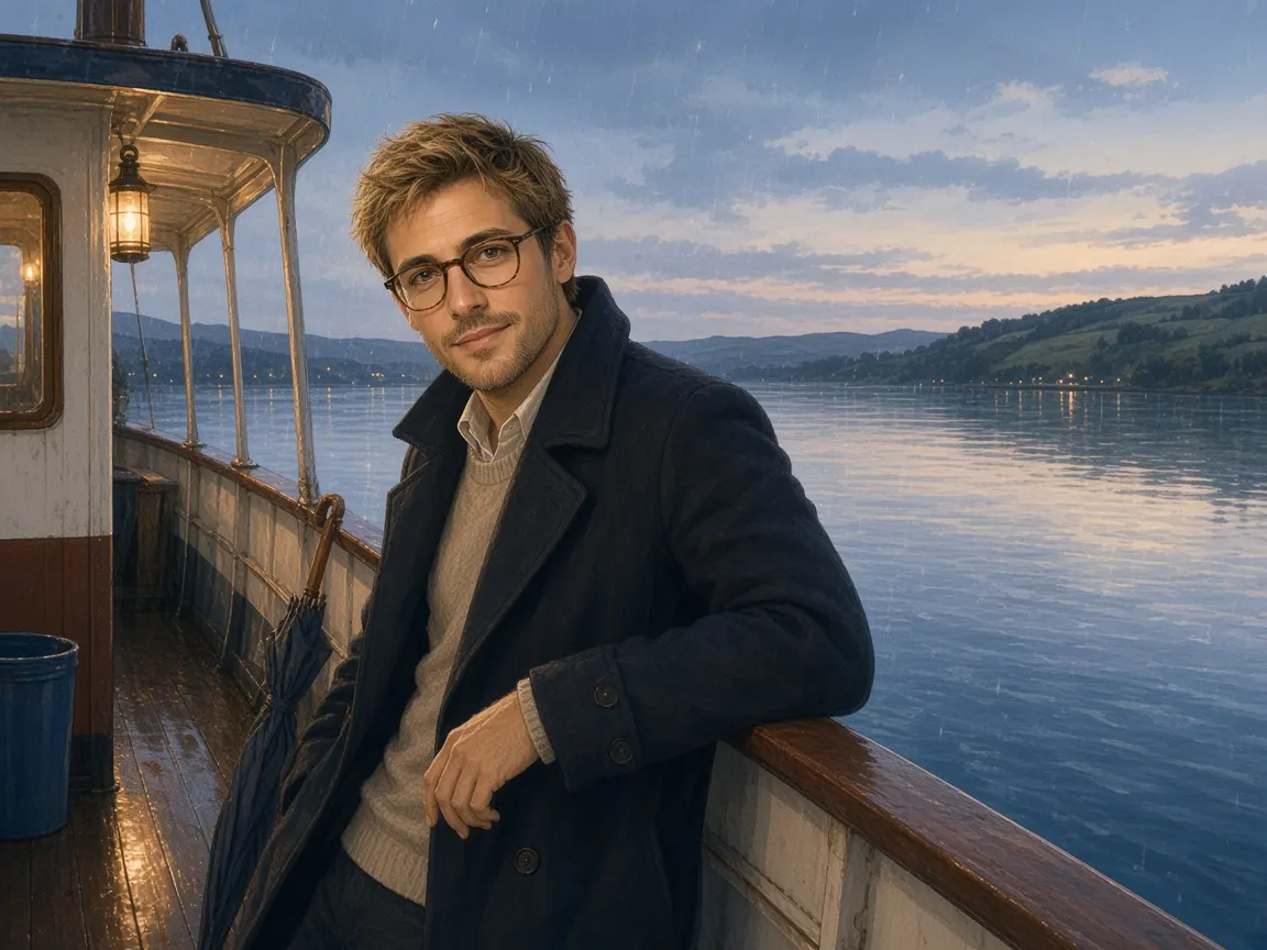 Julien leaning on the rail of a small ferry at blue hour, lanterns glowing in the rain