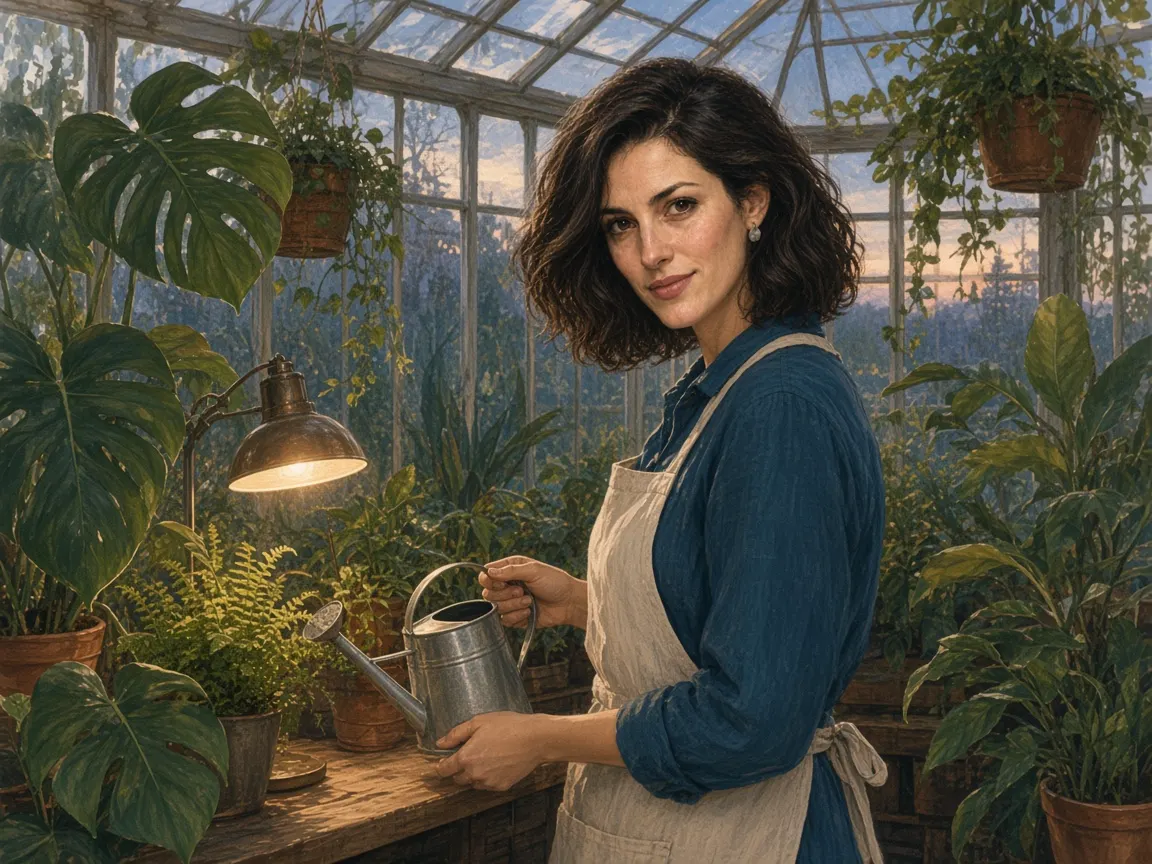 Inès in a Victorian glasshouse at dusk, holding a watering can beside a brass lamp