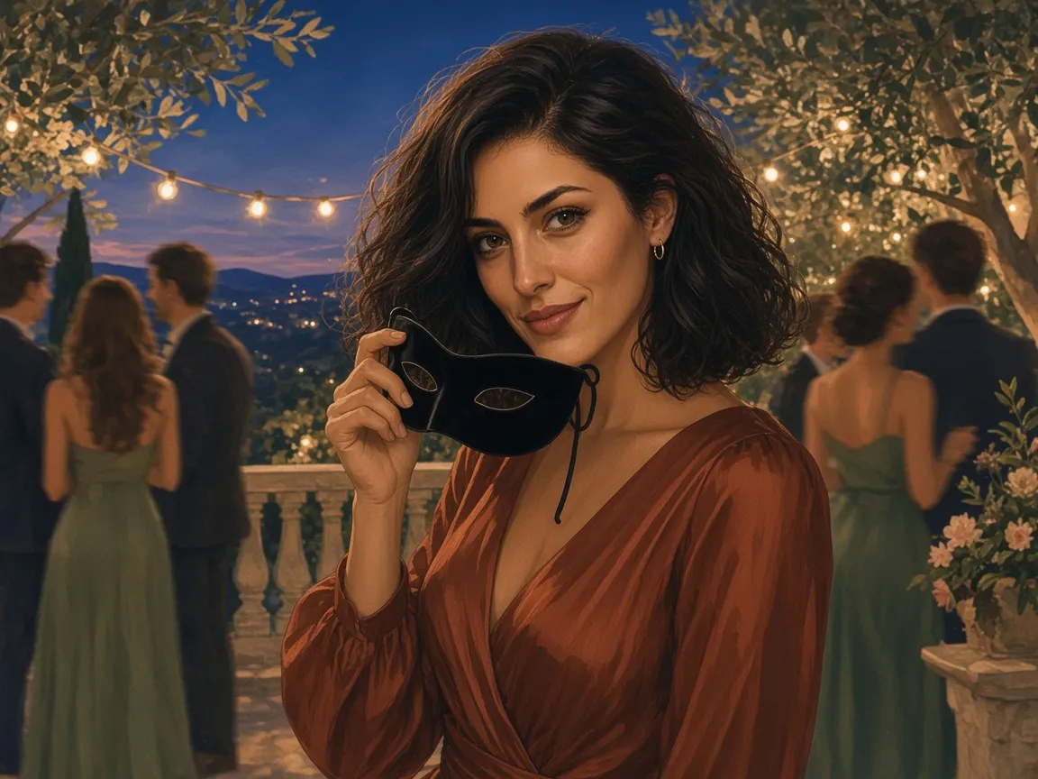 Sasha in a rust silk dress lowering a velvet mask on a lantern-lit terrace